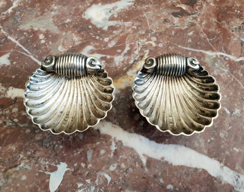 Pair of Renaissance revival silver shell salts.