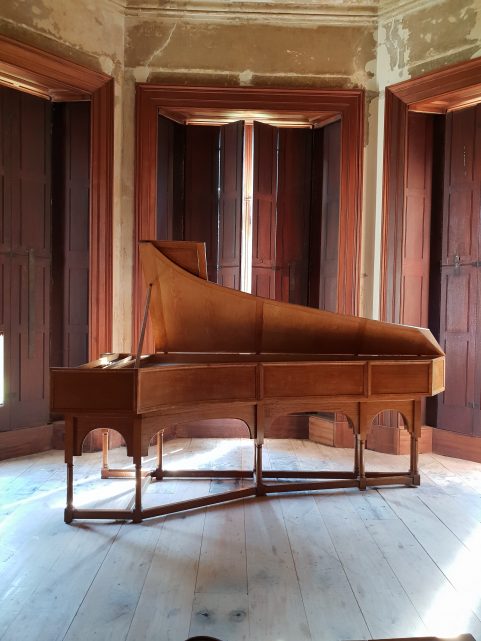 Morris of London Knole pattern oak cased harpsichord