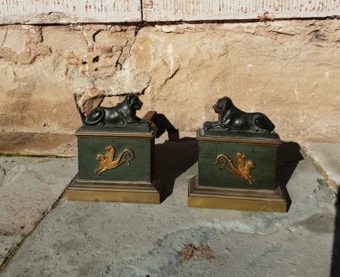 Pair of Regency period bronze fire andirons c. 1815