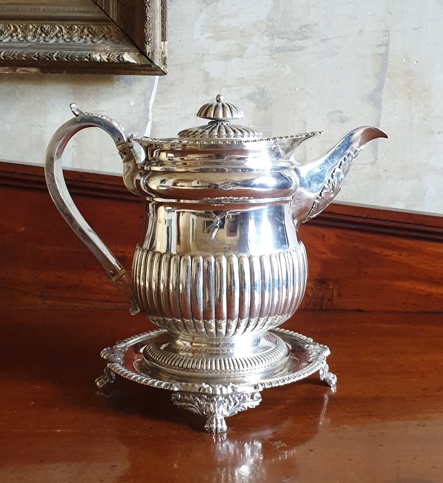 Regency sterling silver coffee pot on original stand c 1815 Warwick
