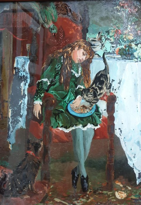 Australian reverse glass painting of a cat stealing the dinner c 1890