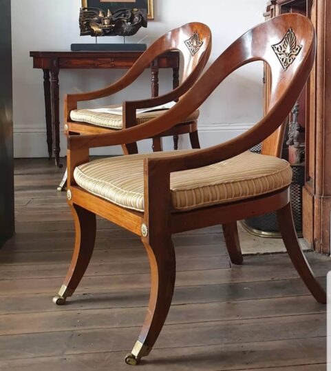 Pair of Regency Revival Roman chairs c 1940