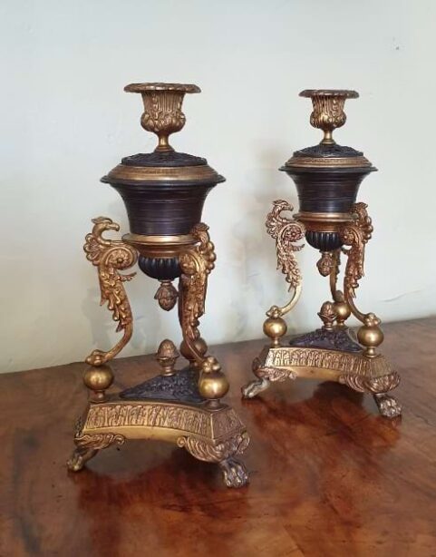 Pair of Regency Bronze Perfume Burner Candlesticks c1820