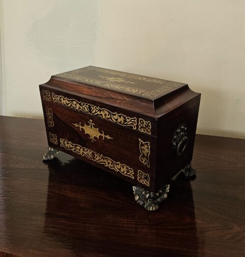 Regency Rosewood Brass Inlaid Tea Caddy c 1820