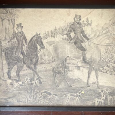 A rare naive pencil drawing of Country Dandies on horseback, another in the distance.  UK c 1820 – 30