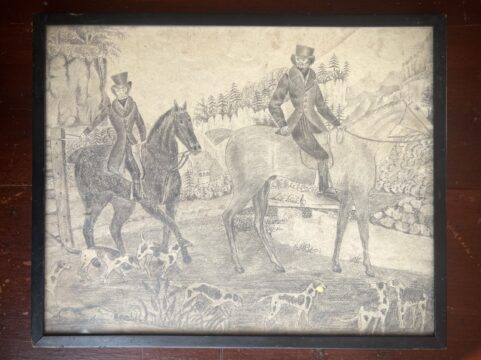 A rare naive pencil drawing of Country Dandies on horseback, another in the distance.  UK c 1820 – 30